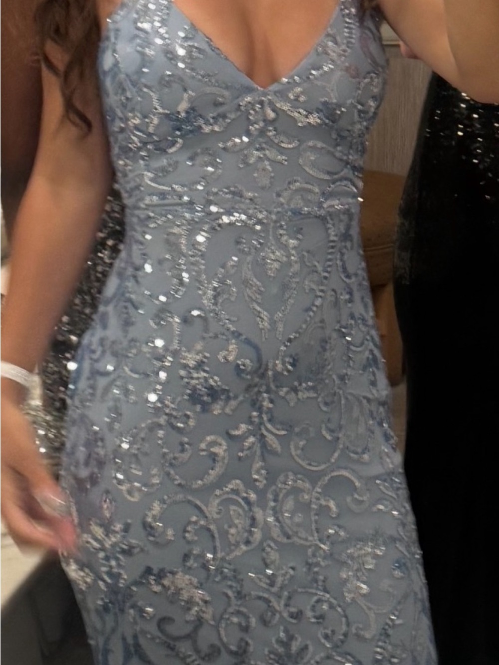 Embellished Light Blue V-Neck Evening Dress